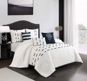 Nanshing Delfina 6-Piece Comforter Set, White/Navy, Geometric, Queen - Picture 1 of 4