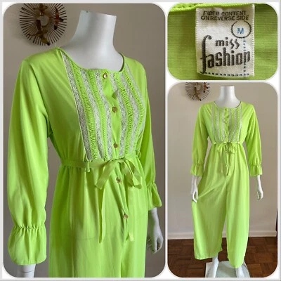 1960s DayGlo Mod Pajama Wide Leg Jumpsuit Romper Playsuit Nightgown Lounge M VTG - Image 1 of 4