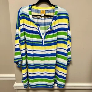Ruby Rd Sz 3X Blue Yellow Green & White Stripe Tunic Blouse NWT - Picture 1 of 6
