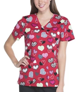  NWT SCRUB STAR Mock Wrap Smal SCRUB TOP  W/Vibrant HEARTS "SENDING LOVE" - Picture 1 of 2