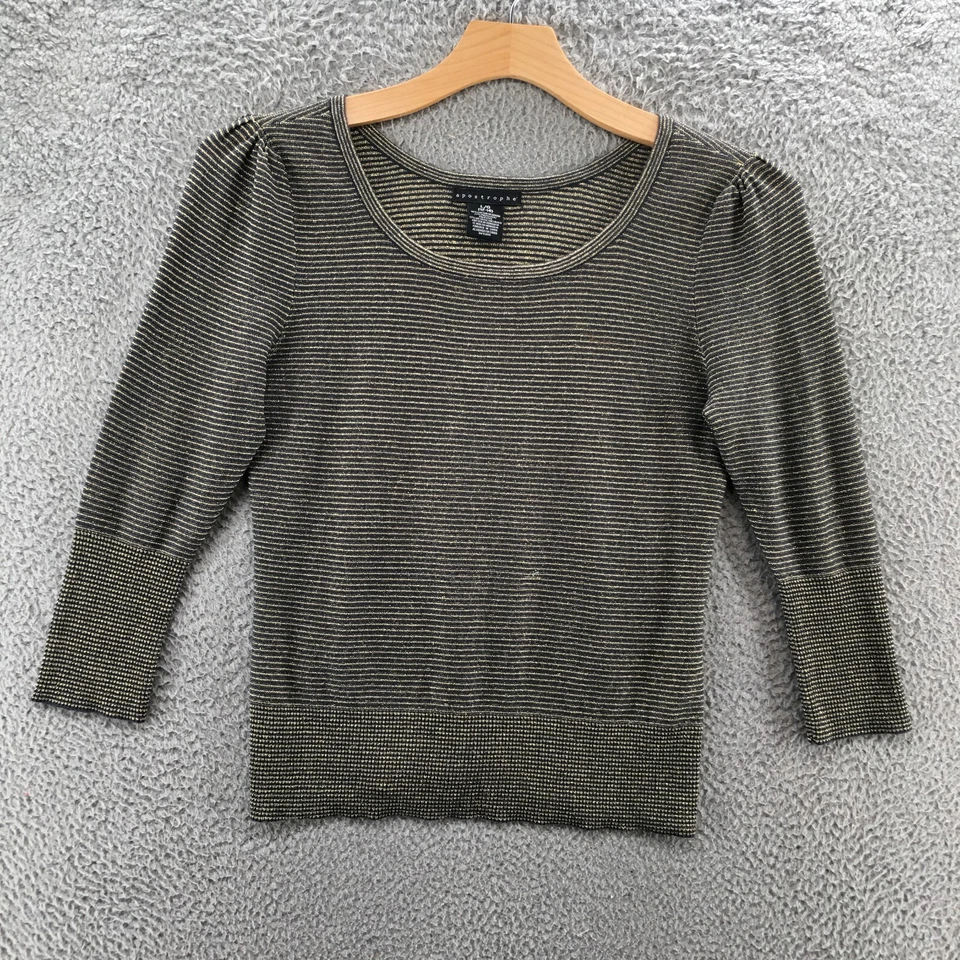 Apostrophe Pullover Sweater Womens L Black Gold Cotton Blend Striped 3/4 Sleeve - Image 1 of 4