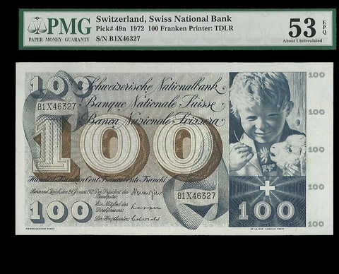 Switzerland 100 Francs Banknote 1972 Swiss National Bank PMG 53 Cover
