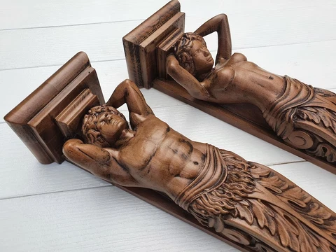 Pair of 2 Carved Corbel Atlas and Caryatid For Interior Decoration, Home Wall Cover