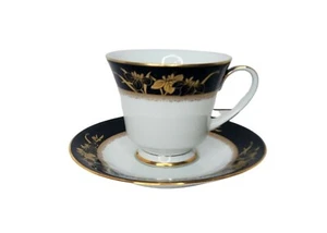 Noritake Legacy Mandalay 3393 Tea Cup and Saucer Set Gold on Cobalt Blue Mint - Picture 1 of 9