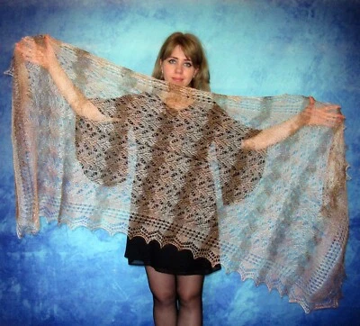 Brown-beige striped women's scarf, Russian shawl, Orenburg wool wrap, Warm cape - Image 1 of 4