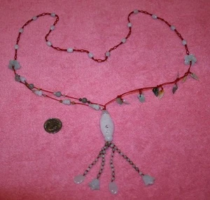 Vintage Reticulated Jade White & Green Carved Leaves & Flowers Necklace Red  - Picture 1 of 4