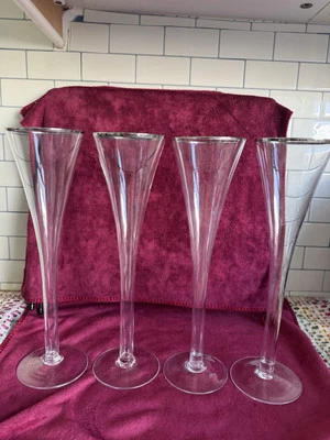 Block Crystal CELEBRATION 4 Hollow Stem Champagne Flutes silver Rim 10"big - Image 1 of 3