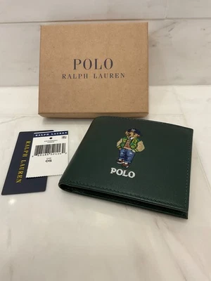 NIB Polo Ralph Lauren Green COLLEGE VARSITY BEAR Leather Double Billfold Wallet - Image 1 of 4