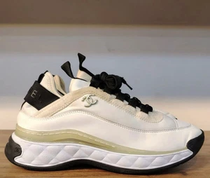 Size 7.5 EU 38 - Chanel Velvet Calfskin & Mixed Fibers Sneaker Ivory W - Picture 1 of 7