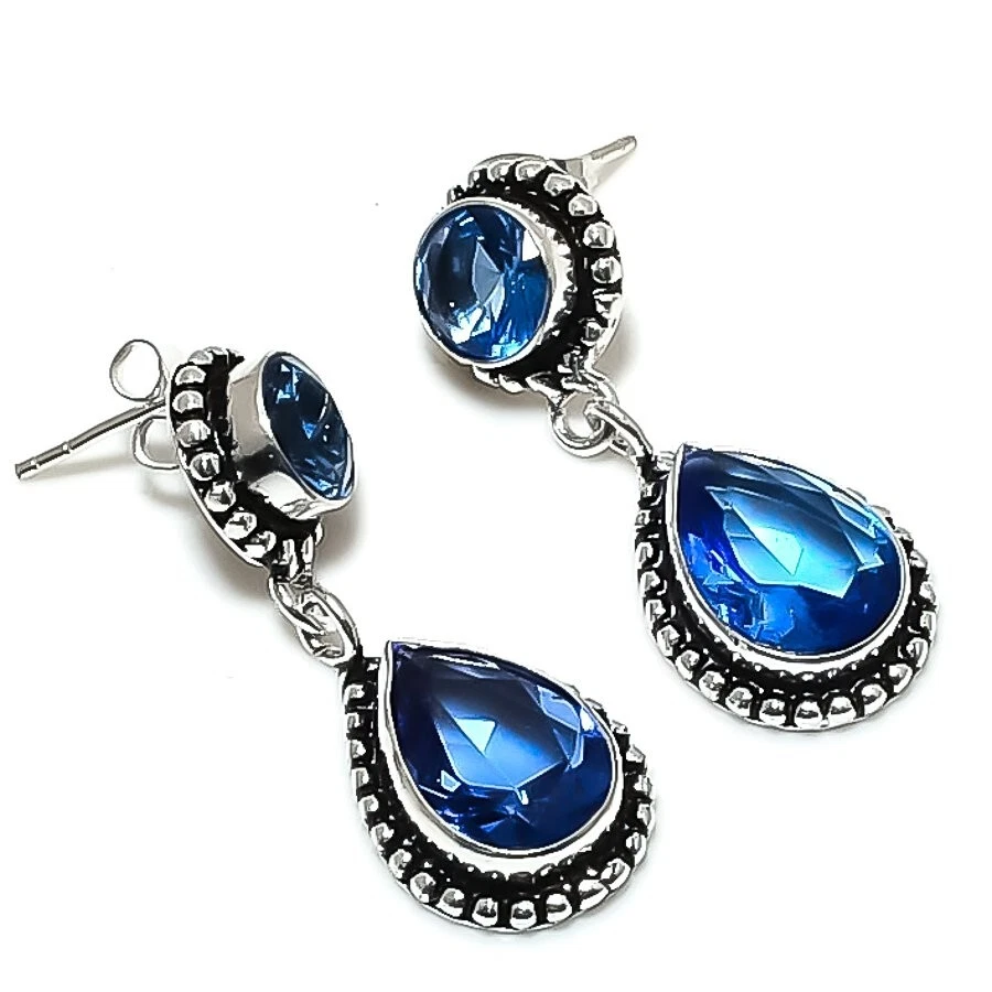 Pendiente de plata de ley 925 con piedras preciosas de tanzanita azul tamaño 1,45" Foto 1 de 1