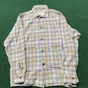 Vintage 50S Flannel Shirt Mens Large Gray E&W 60S Loop Collar Wool Plaid USA - Picture 1 of 7