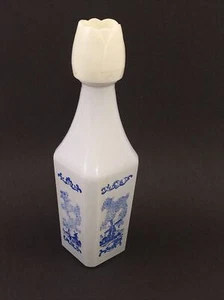 White Milk Glass Blue Windmill Design Mini Liquor Bottle Tulip Cap 5" Vintage - Picture 1 of 9