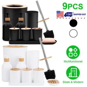 Bathroom Accessories Set 9-Piece Plastic Gift Set w/ Toilet Brush Holder - Picture 1 of 28