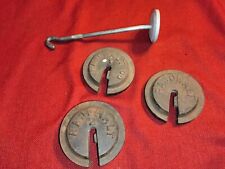 Vintage Rajowalt Co. scale weights & hanger for trade goods feed grain