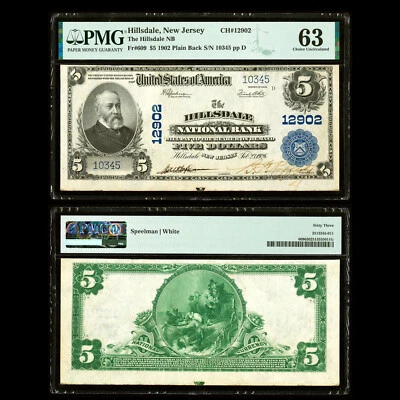 PMG 63 1902 Hillsdale, NJ - The Hillsdale National Bank $5 Plain Back Fr. 609 Ch - Image 1 of 3
