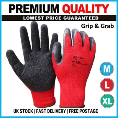 24 Pairs Red Black Grip & Grab Latex Palm Coated Builders Safety Work Gloves
