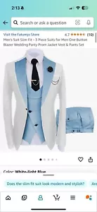 Men 3 Piece Suit Slim Fit Business Suits Lg Blazer Waistcoat Pants Blue White - Picture 1 of 7