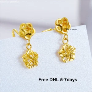 Pure 999 24K Yellow Gold Shiny Star Flower Drop Stud Earrings Women 1.39-1.5g - Picture 1 of 3