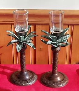 2 Brass Palm Tree Candlesticks Tealight Votive Candle Holders India Glass Shade  - Picture 1 of 5