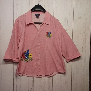 Las Olas women Blouse Size L button up shirt red floral embroidery gingham - Picture 1 of 7