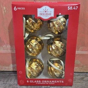 Gold Kugel Style 3" Ribbed Mercury Glass Ball Set Of 6 Ribbon Hanger NIB India - Picture 1 of 6
