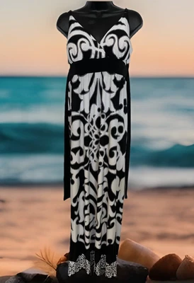 Encantador Maxi Vestido Charlie Misses L Negro Blanco Tejido Sujetador Incorporado Playa Salón Foto 1 de 4