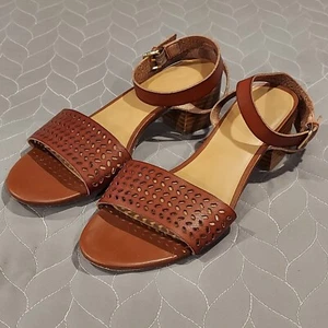 J. Crew Ankle Strap Sandal Brown Womens 8 Horizontal Herringbone - Picture 1 of 13