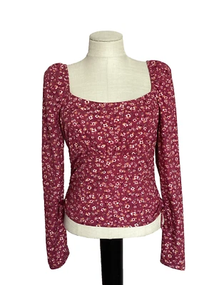 ALL IN FAVOR Burgundy Floral Square Neck Long Sleeve Knit Peasant Top Sz L - Image 1 of 4
