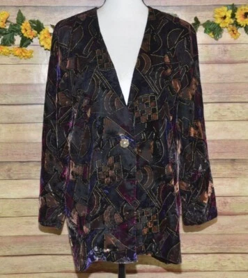 Vintage 80's Tres Paquette Velvet Blazer Jacket Mixed Print Size M Unique Retro - Image 1 of 4