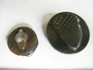 2 Antique Vintage Acorn Oak Image Button Lot Metal and Cloth Back 1/2" & 7/8" - Picture 1 of 6
