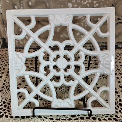 Decorative Ornate Square White Enamel on Cast Iron Trivet Hot Plate (read) - Image 1 of 4