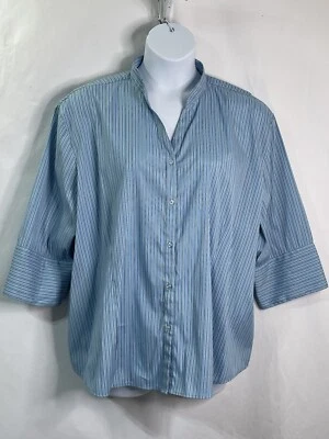 D C C Women’s Sz 3X Blue Stretch Striped Button 3/4 Sleeve Blouse - Image 1 of 4
