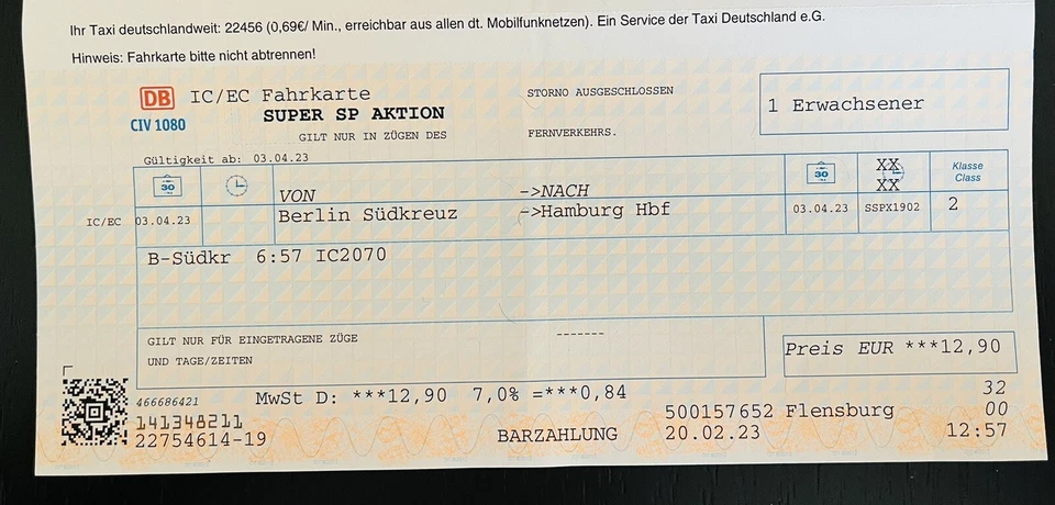 Zugticket von Berlin-Südkreuz nach Hamburg 03.04.2023, 6:57 Uhr - Bild 1 von 1
