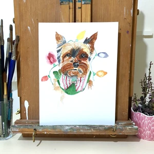 Pintura Acuarela Original Retrato de Navidad Yorkshire Terrier 9x12 Jake J - Imagen 1 de 9