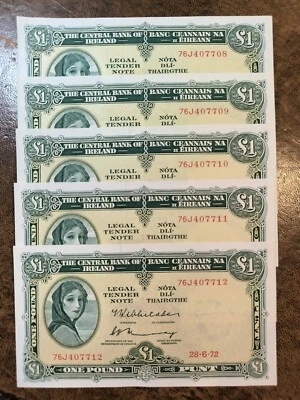 8 Consecutive Lady Lavery One Pound 1972 Banknotes Punt Irish Ireland UNC RARE - Image 1 of 4