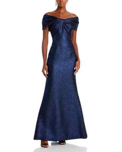 Teri Jon by Rickie Freeman Metallic Jacquard Twist Bodice Gown Womens 4 Sapphire - Picture 1 of 15