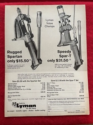Anuncio impreso Lyman de colección 1970 equipo de recarga resistente Spartan Speedy Spar-T Foto 1 de 4