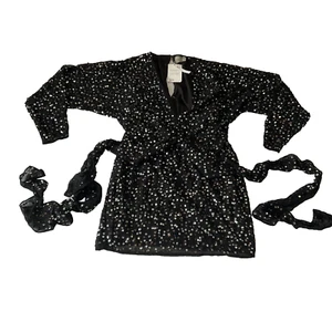 Asos Sequin Mini Dress Womens Size 6 Black Lined Long Sleeve Tie Belt - Picture 1 of 21