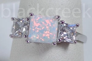 Princess White Fire opal 925 Sterling Silver 3-Stone Ring~ Choose Size - Picture 1 of 6