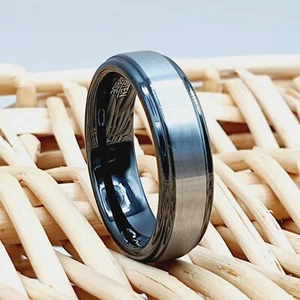 Brushed Matte Gunmetal Center Black Tungsten Ring Gray Engraved Wedding Band - Picture 1 of 7
