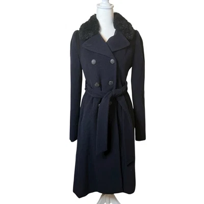 Rebecca Taylor Navy Black Wool Peacoat Faux Fur Collar Double Breasted Belt Sz 0 - Image 1 of 4