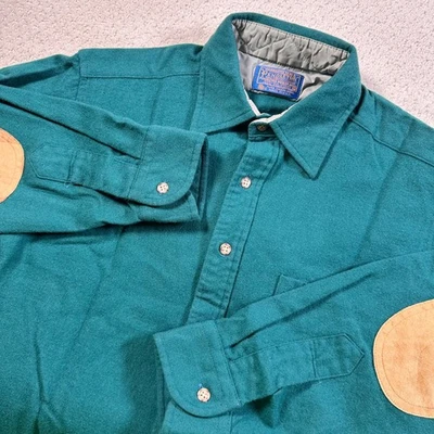 Pendleton Wool Shirt Elbow Patch Button Down Collared Outdoors Medium Green VTG - Image 1 of 4