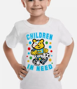 Kids Pudsey Bear Blue Football Children In Need T-Shirt Boys Tee Spotty Day - Picture 1 of 3