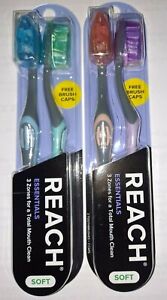 REACH Essentials Toothbrush w/Free Brush Caps 2 pack Blue/Green or Orange/Purple