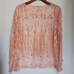 Damen glänzende Pailletten durchsichtiges Netzshirt Oberteil Perlen Langarm Bluse Glitzer Top - Bild 1 von 15