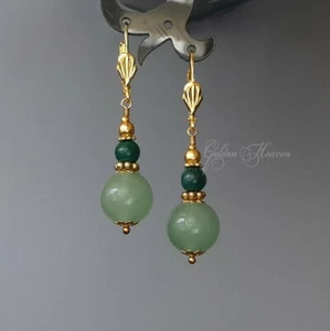 Green Aventurine & Malachite Stone Gold Plated Leverback Round Earrings Jewelry - Picture 1 of 2