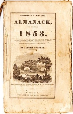1853 Godfrey's Almanack, Albert Godfrey, Keene, NH issued 1843-1853 RARE, - Image 1 of 2