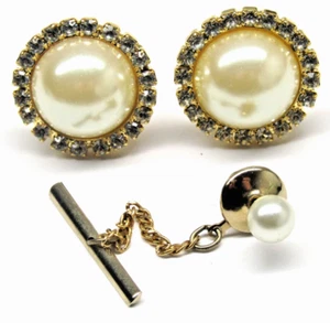 Gold Pearl Rhinestone Cufflinks Tie Pin Set Mens Tuxedo Suit Formal Wear Wedding - Picture 1 of 5