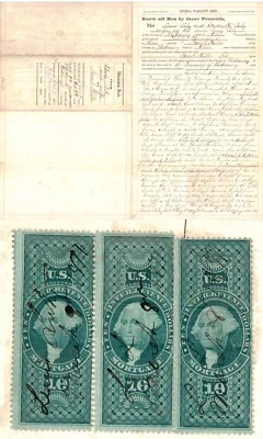 R95c $10.00 Perf Pair & Single March 8 1871 $30,000 Warranty Deed 14x17 inches - Image 1 of 4