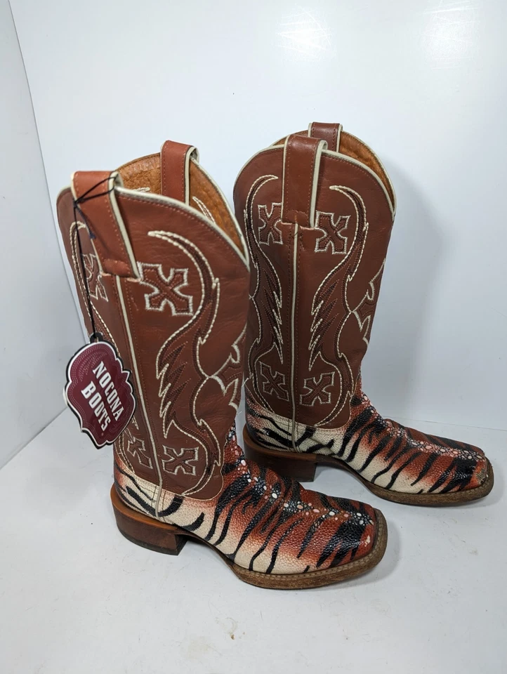 Botas de cuero vaquero occidentales con estampado de cebra NOCONA Sting Tiger Ray para mujer 6B Foto 1 de 4